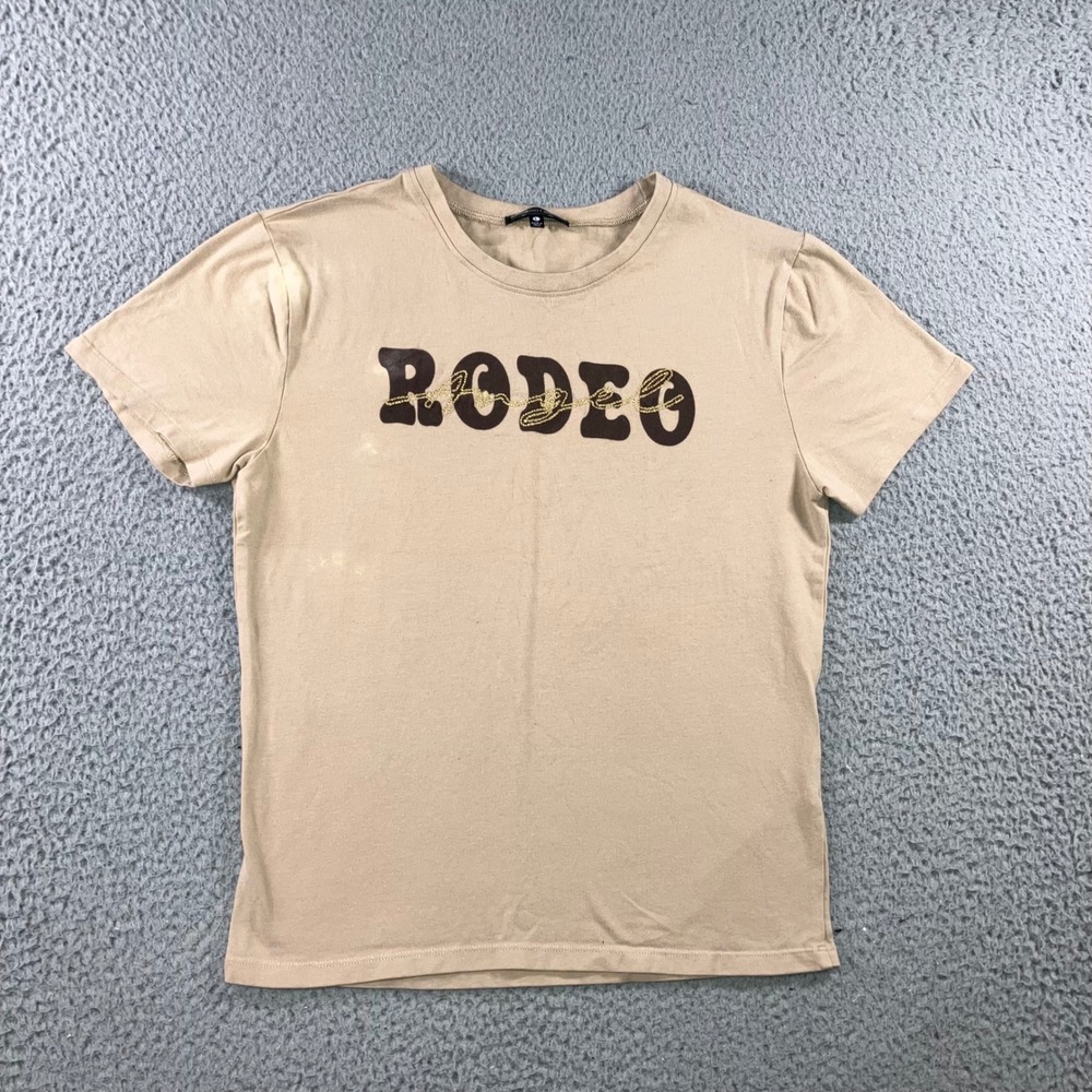 Rodeo Graphic Tee Women L Tan Bleached Western Retro Coastal Cowgirl Festival